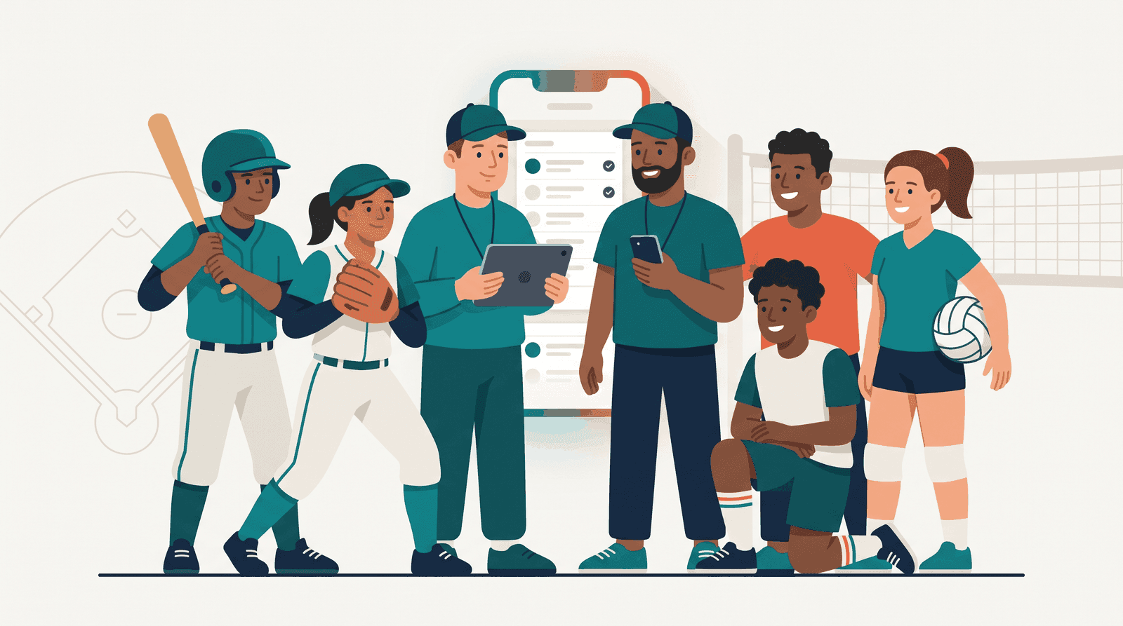 Illustration of youth baseball, softball, and volleyball players gathered around two coaches using the Rizzler app on a tablet and phone