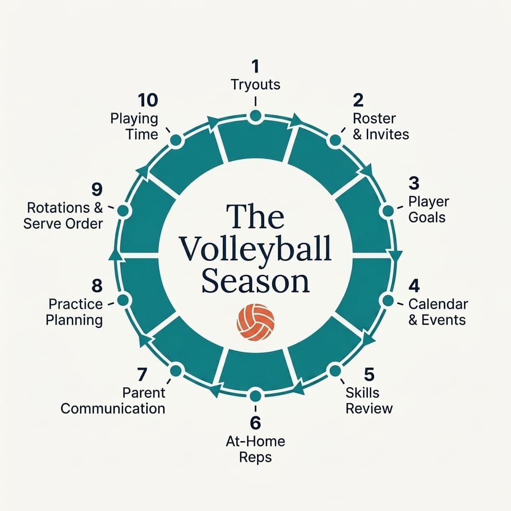 The volleyball season cycle in Rizzler: tryouts through rotations, serve order, and playing time