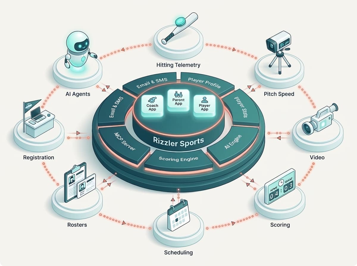 Diagram of the Rizzler Sports platform at the center of an ecosystem, exchanging data with hitting telemetry, pitch speed, video, scoring, scheduling, roster, registration, and AI agent integrations over APIs, webhooks, and MCP.