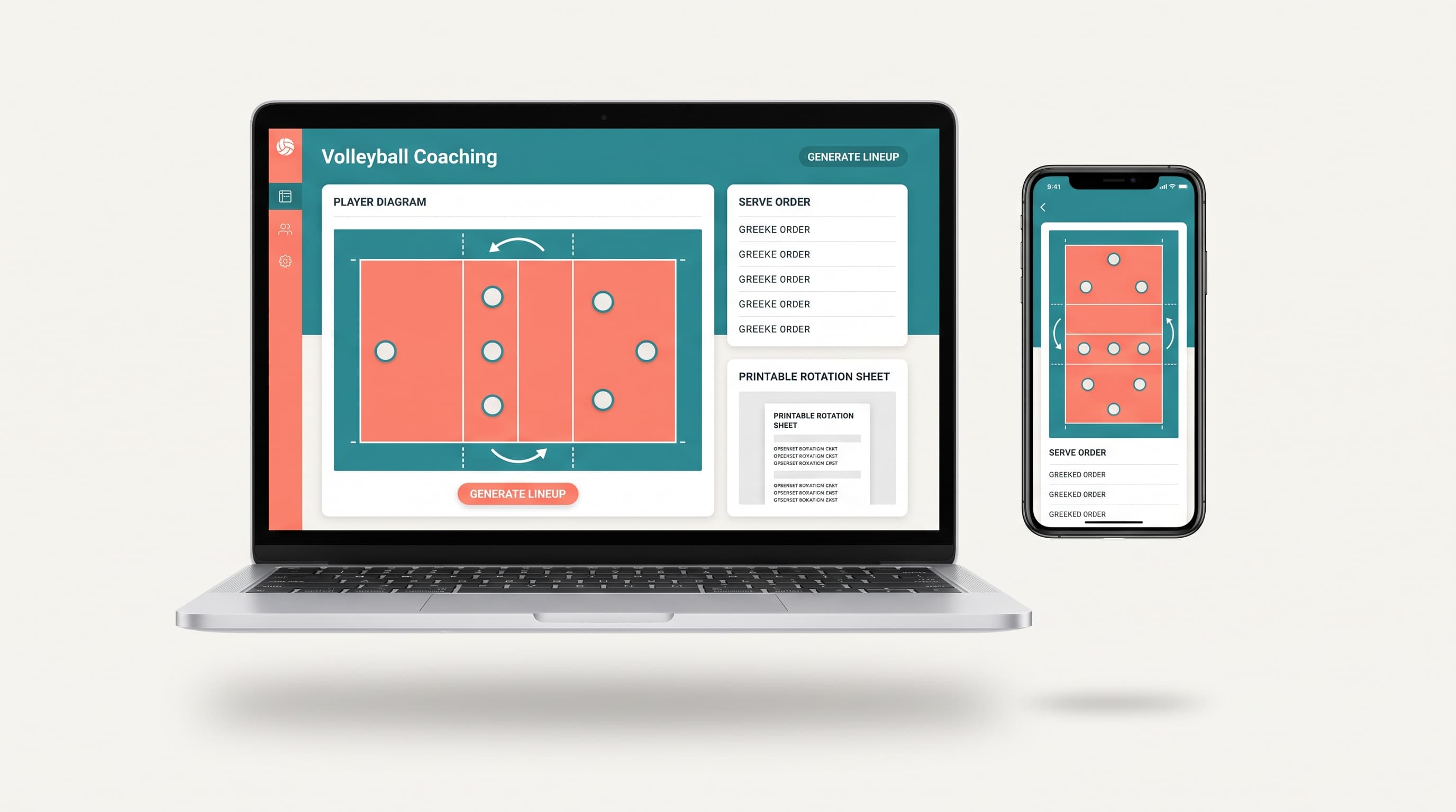 Rizzler volleyball Game Manager showing rotation planning on laptop and iPhone