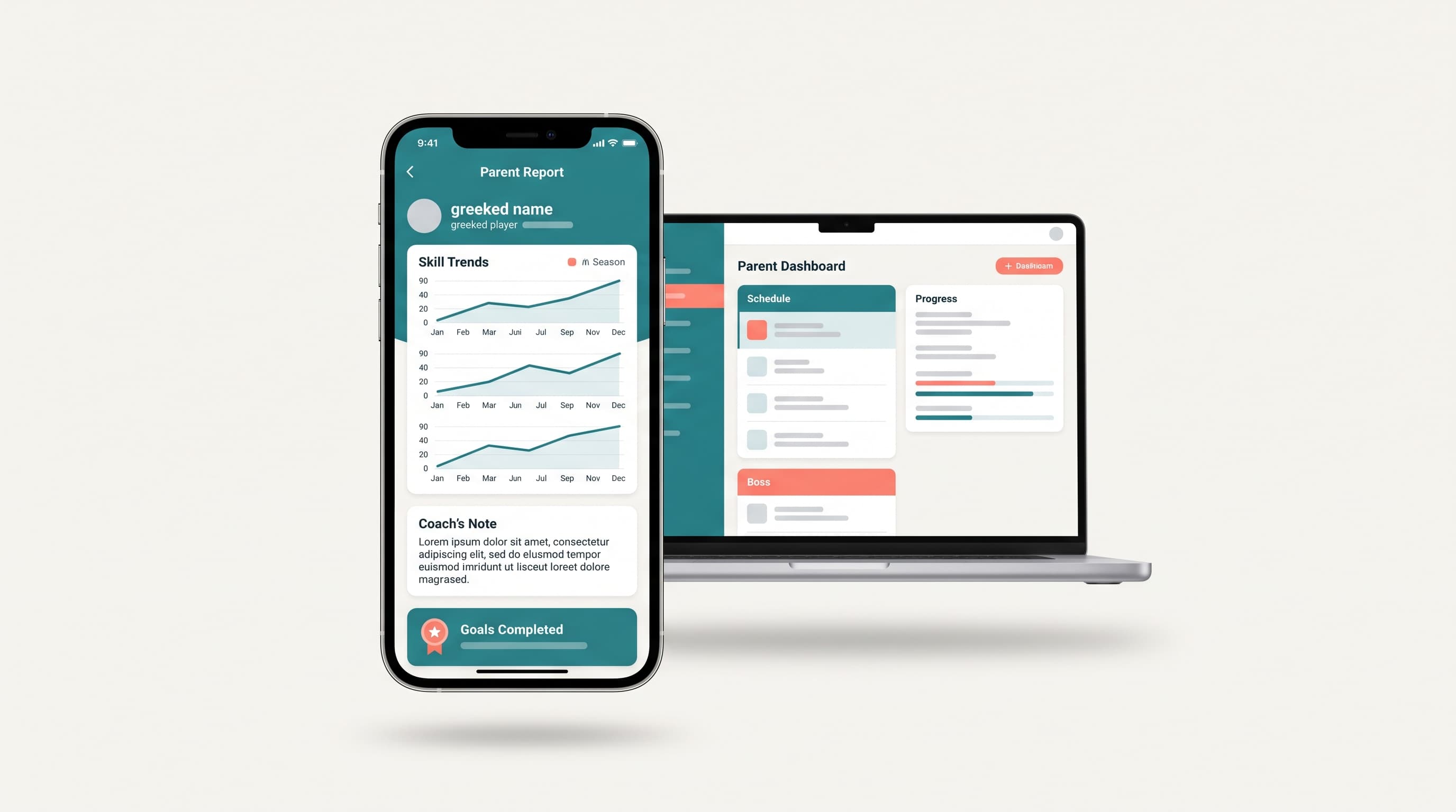 Rizzler parent report on iPhone with skill trend lines, parent dashboard on laptop
