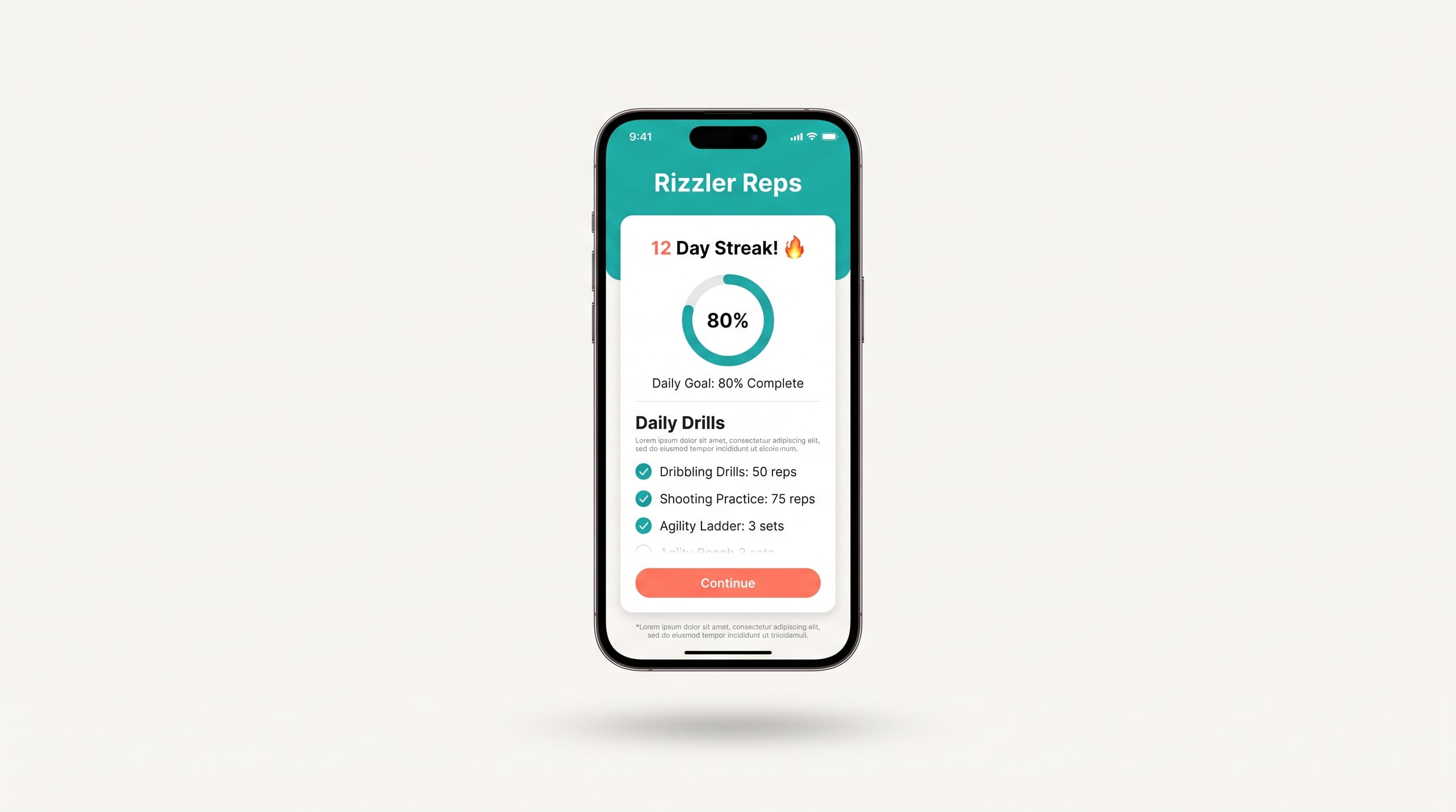 Rizzler Reps athlete app showing daily drill targets and streaks on iPhone