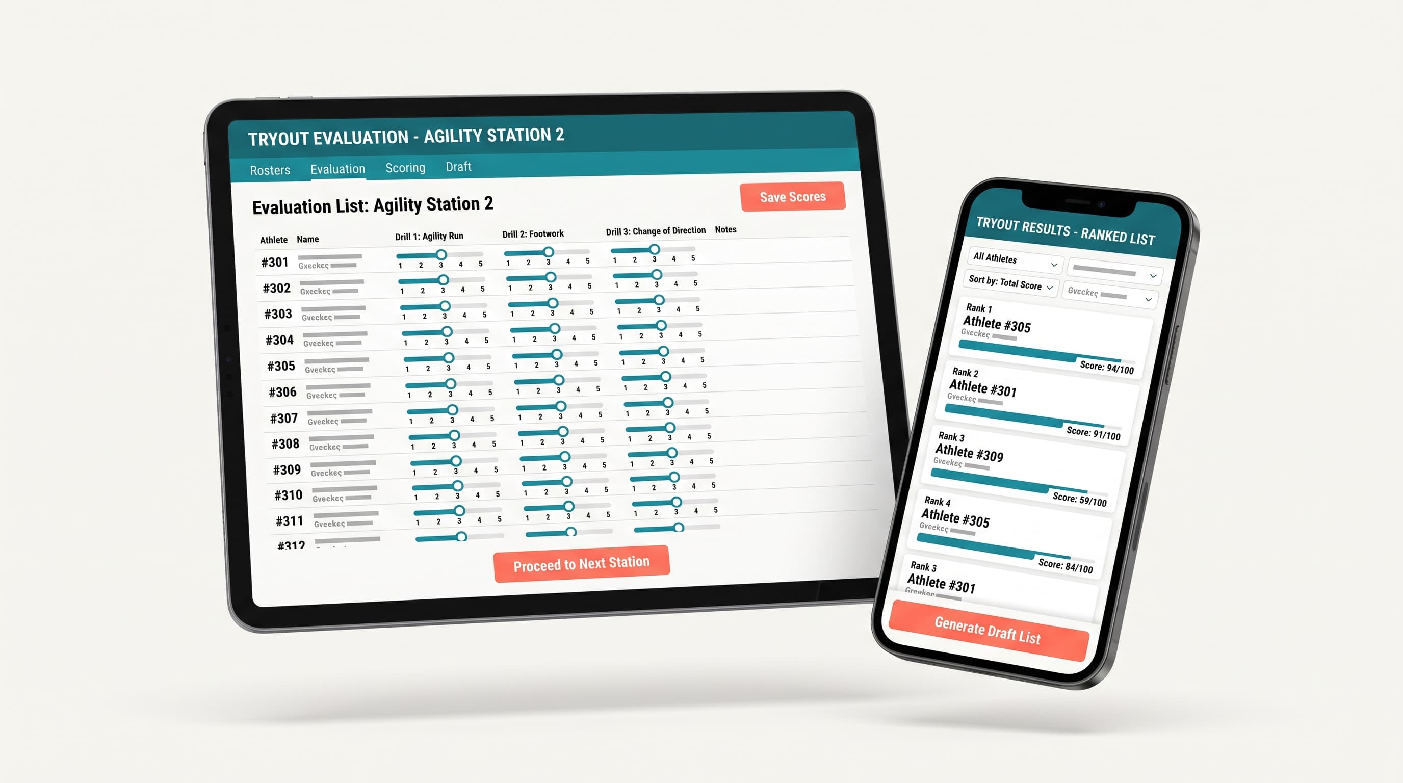 Rizzler tryout scoring on iPad with auto-ranked results on iPhone