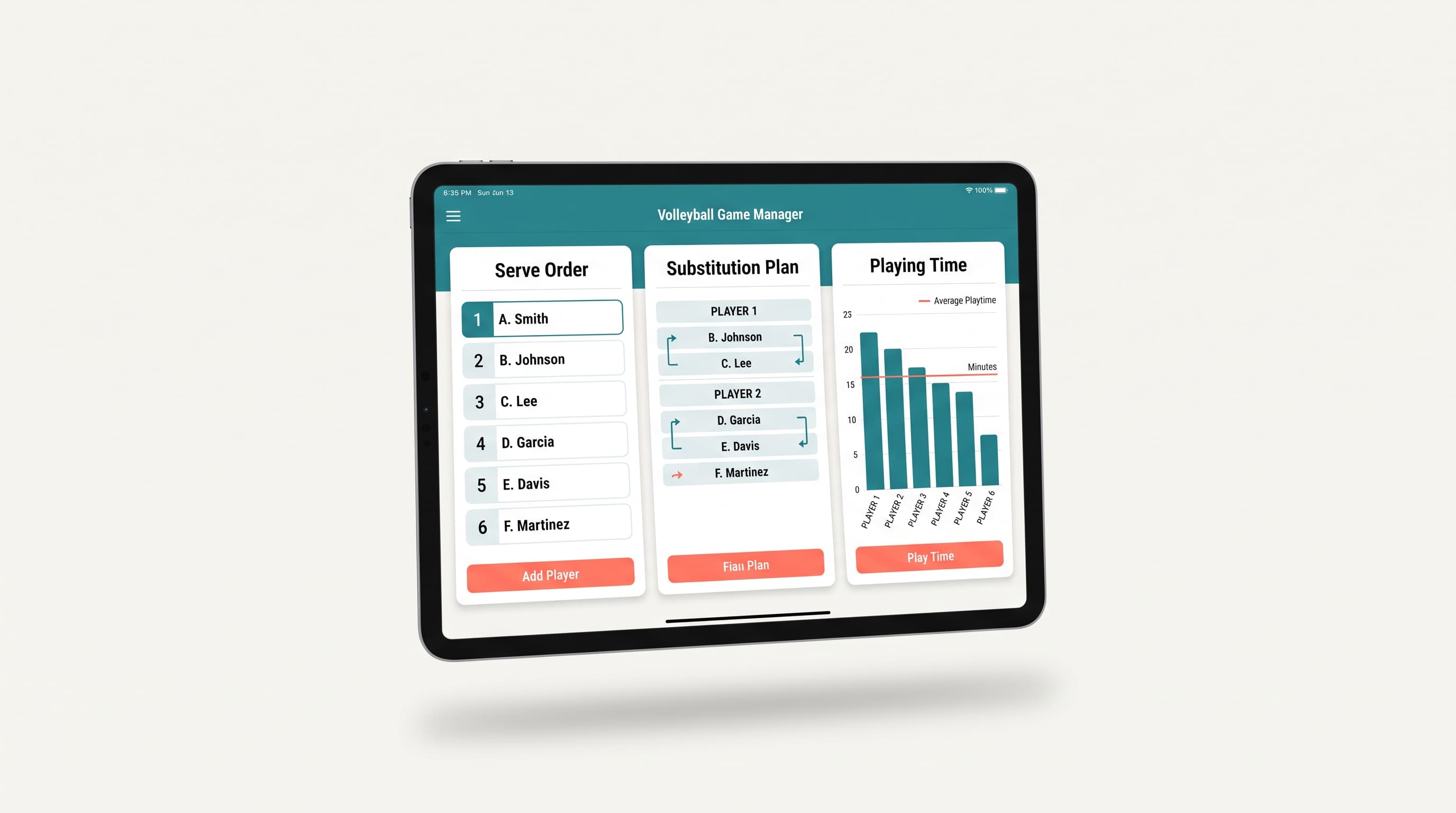 Rizzler volleyball serve order, substitution plan, and playing-time tracking on iPad
