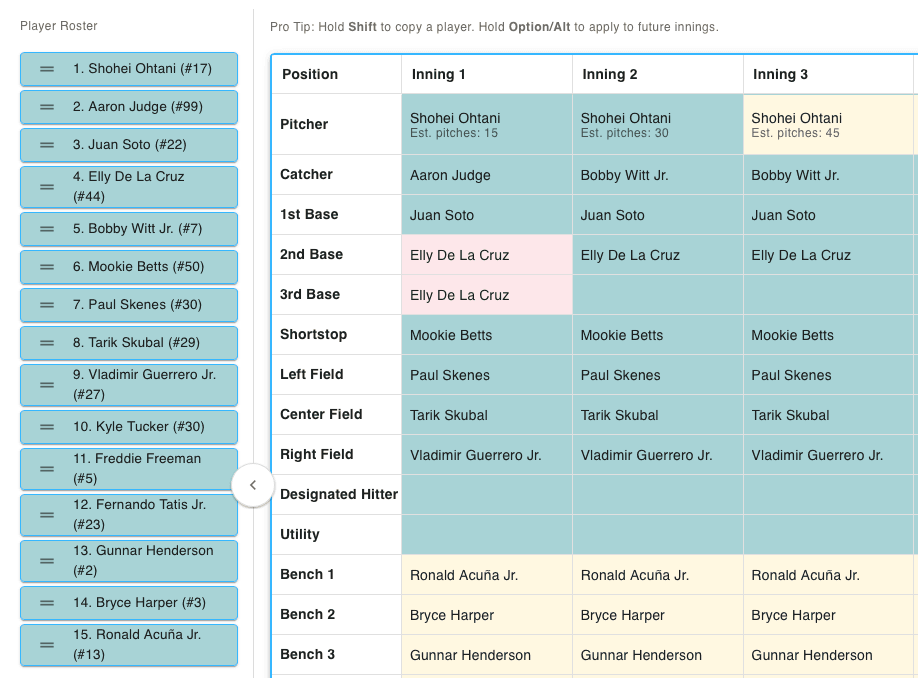 Drag-and-drop lineups with automatic rule checking.