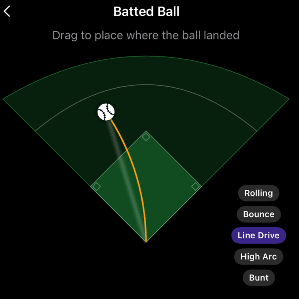 Rizzler hit charting screen showing hit type selection and spray chart on a baseball diamond