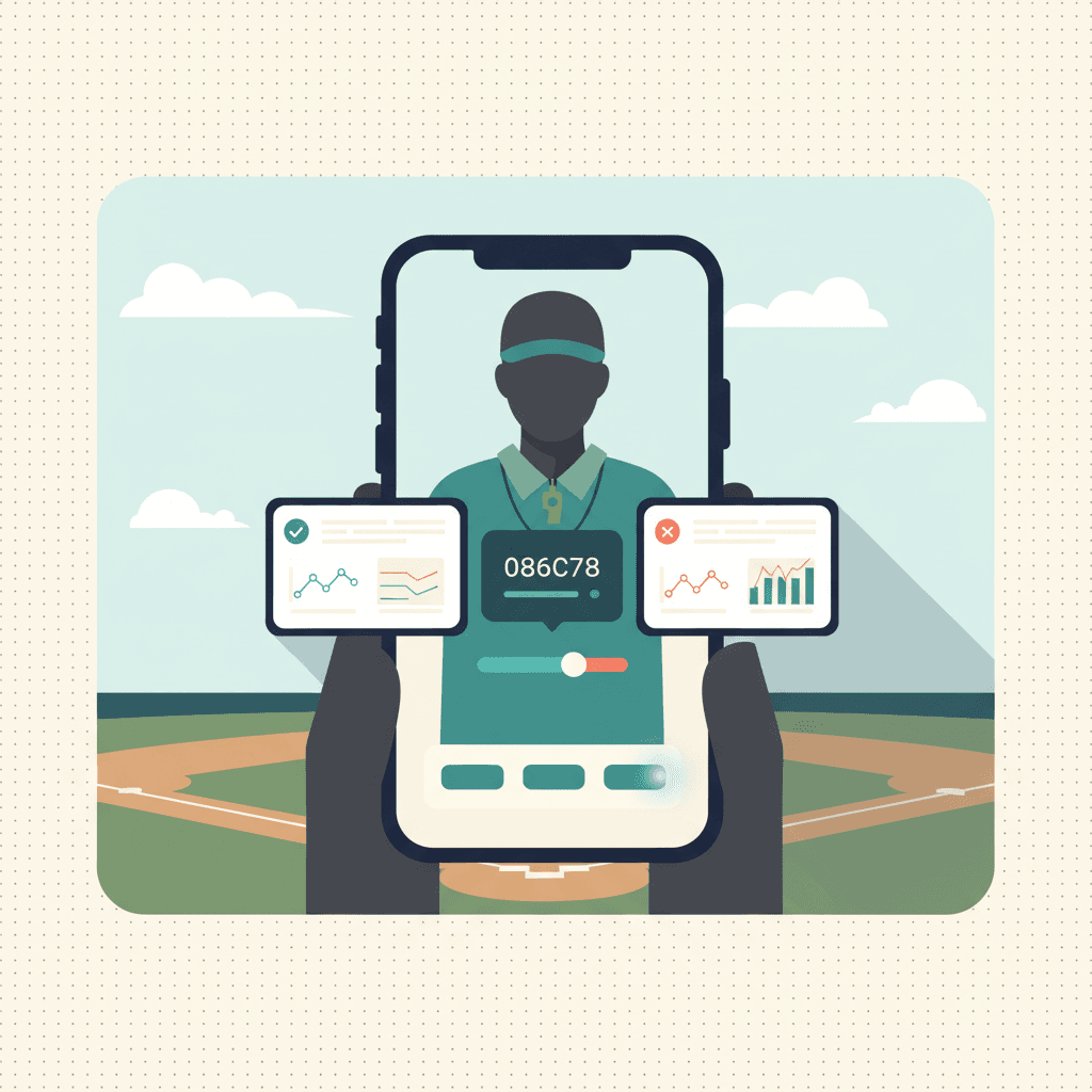 Coach using the Rizzler free lineup generator on a smartphone at a baseball field