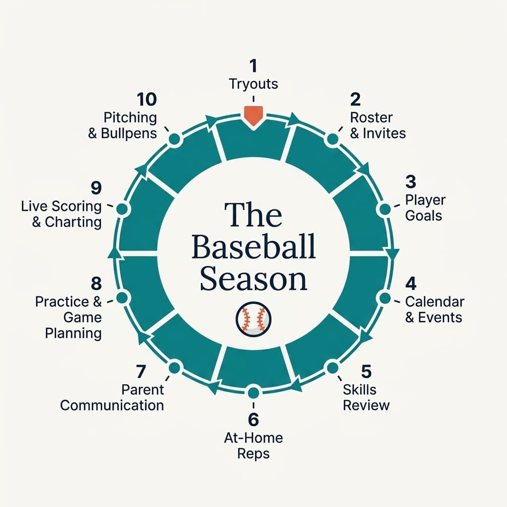 The baseball season cycle in Rizzler: tryouts, roster, goals, practice and game planning, live scoring, pitching