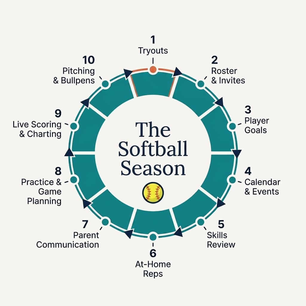 The softball season cycle in Rizzler: tryouts, roster, goals, practice and game planning, live scoring, pitching
