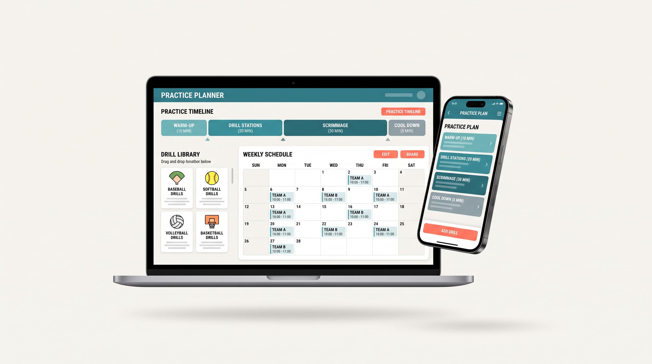 Rizzler practice planner showing a basketball practice plan on laptop and iPhone