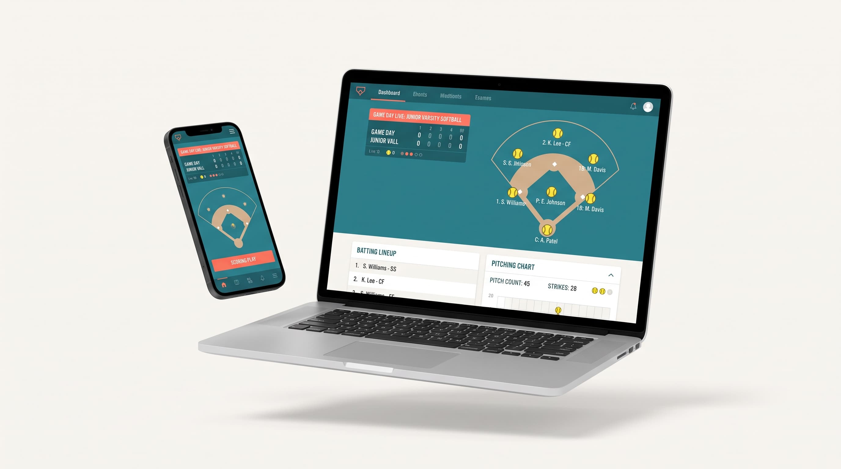 Rizzler softball coaching app showing game-day tools on laptop and iPhone