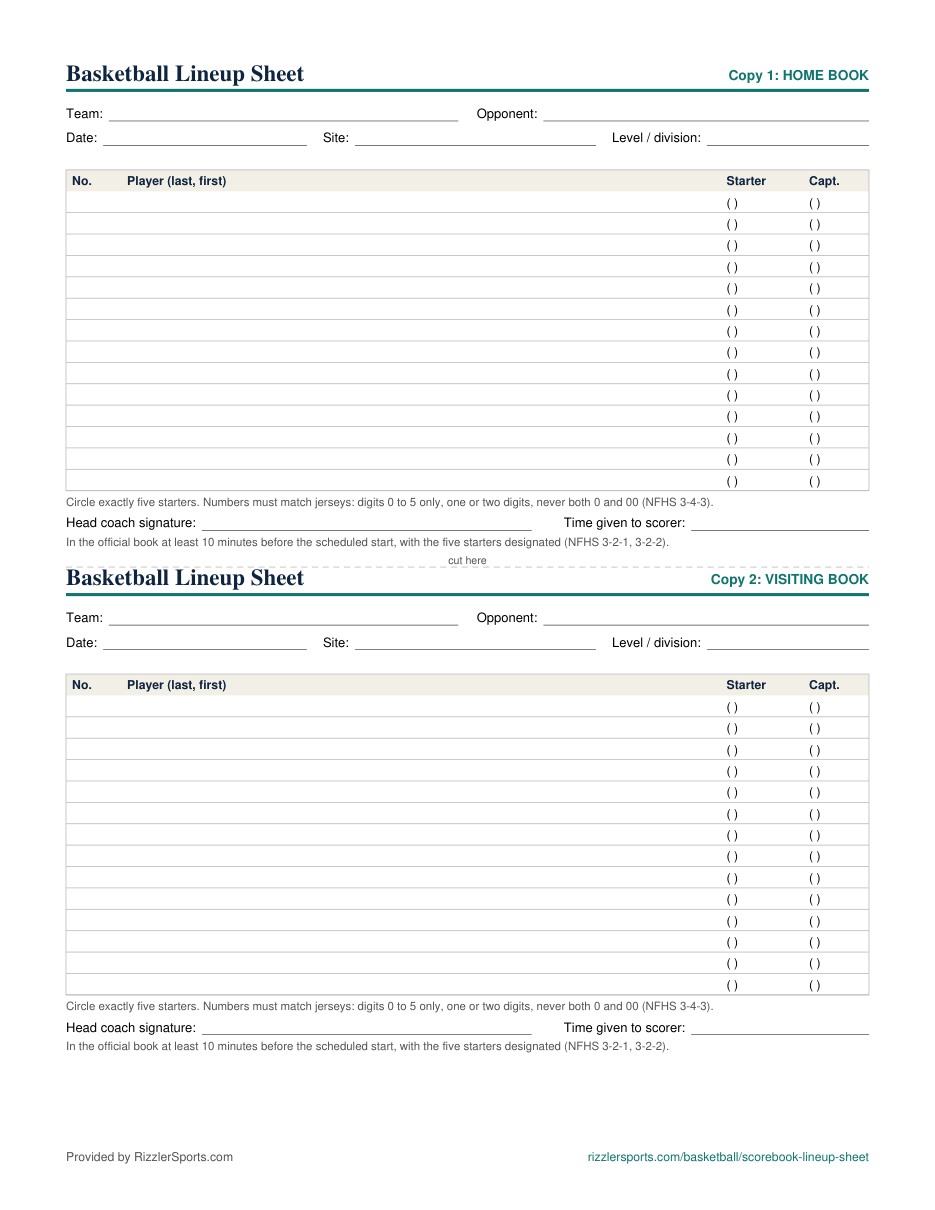 The printable basketball lineup sheet: two copies on one page labeled Home Book and Visiting Book, each with team and opponent fields, 14 numbered player rows with starter and captain marks, the jersey-number rule, and a head coach signature line