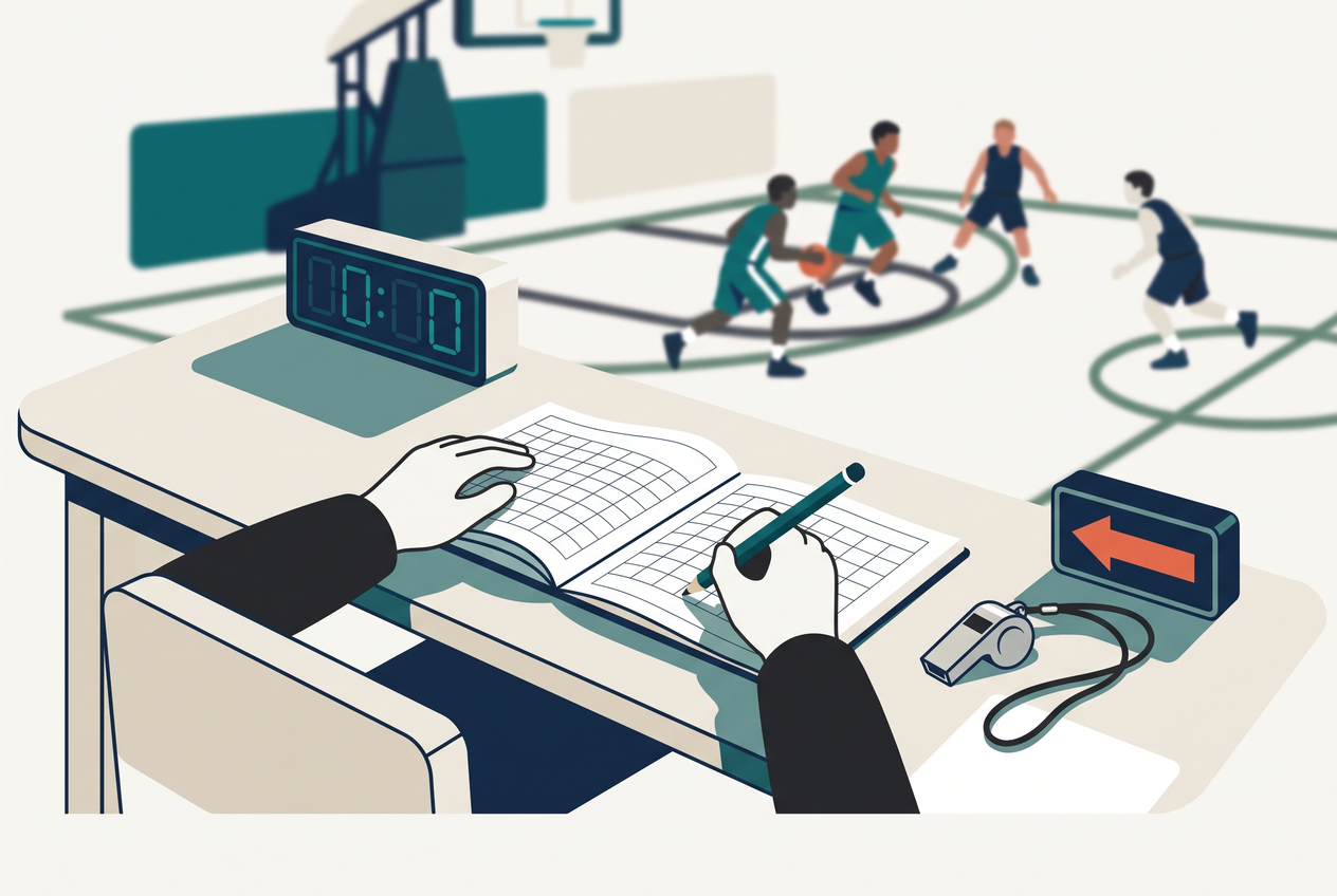 Hands keeping a scorebook at a youth basketball scorer's table with a whistle, the possession arrow, and the game clock behind