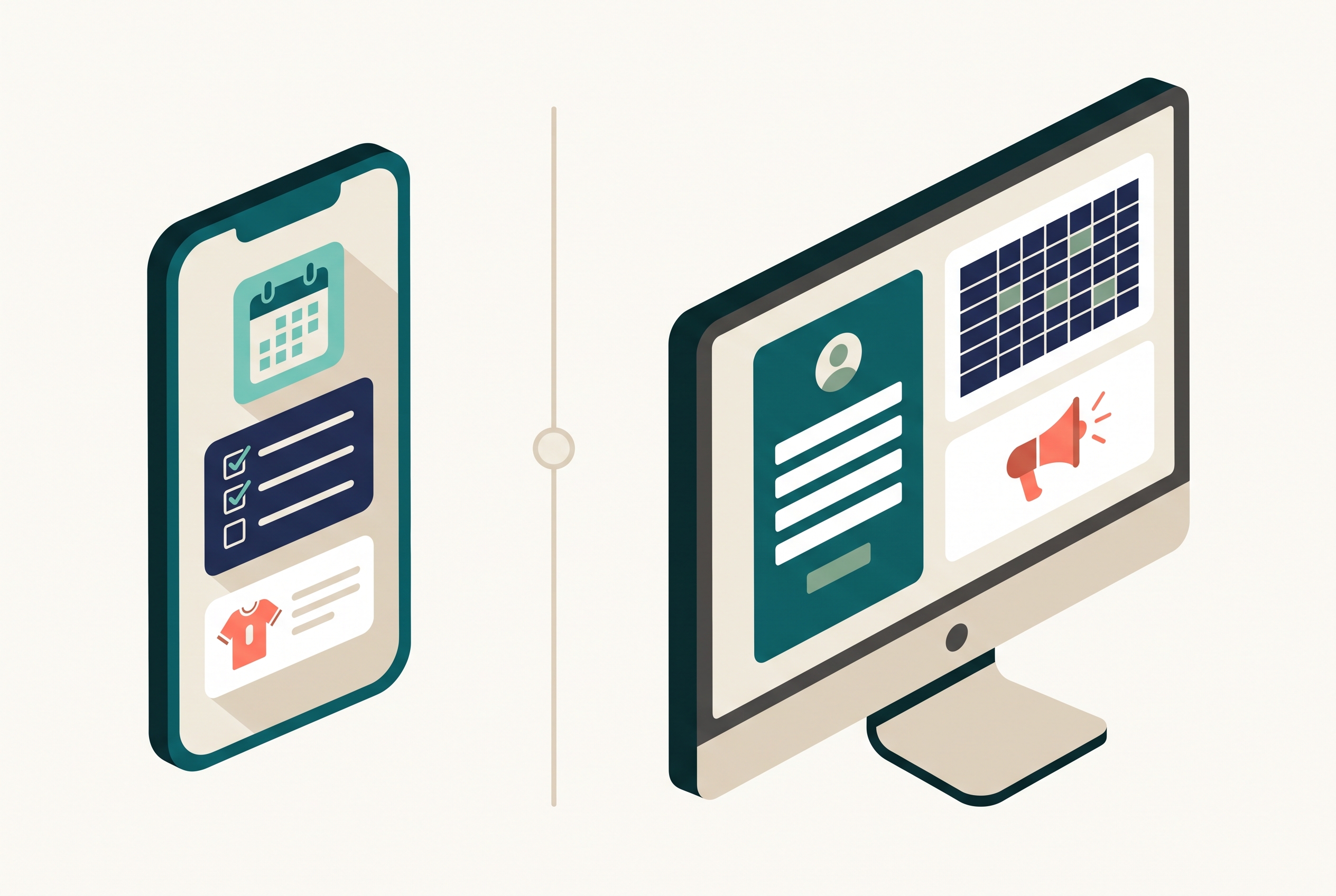 Two youth sports platforms compared: a team logistics app beside a league platform