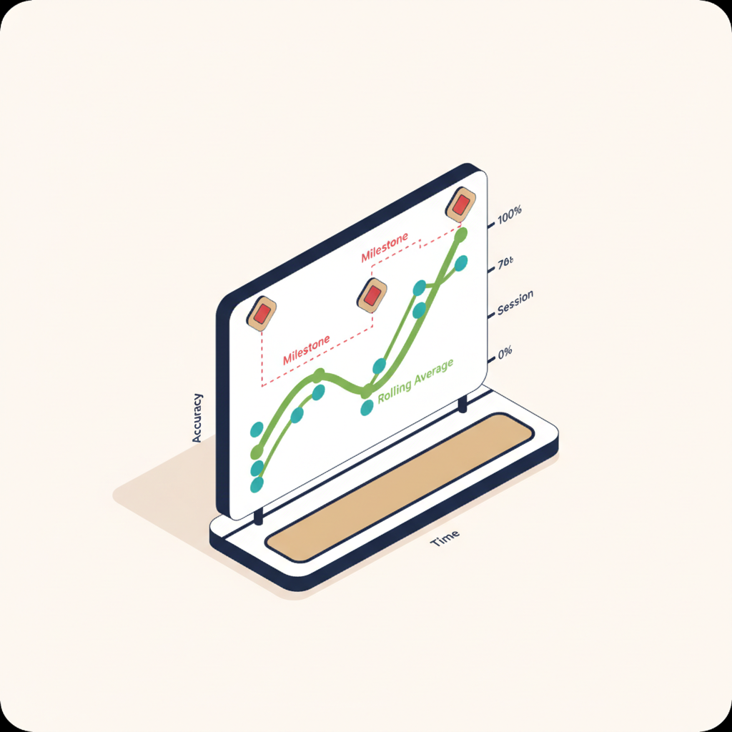 Accuracy over time chart with session dots, rolling average line, and milestone annotation markers