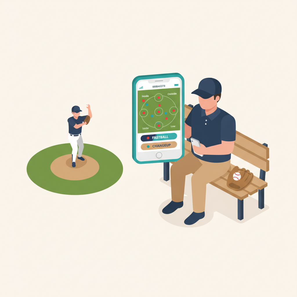 Coach using iPhone to chart a bullpen session with pitch location grid and pitch type selector
