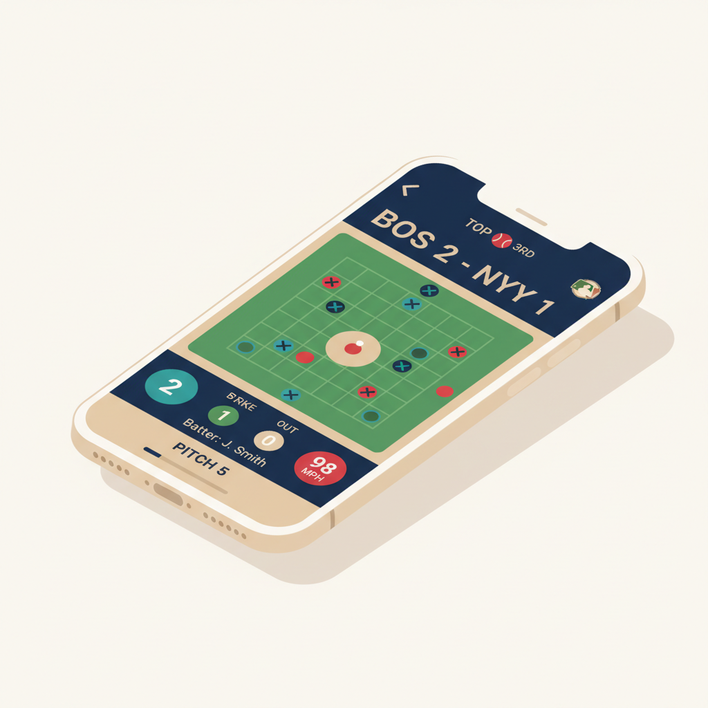 Live game scoring screen on iPhone showing pitch-by-pitch tracking with count and batter info