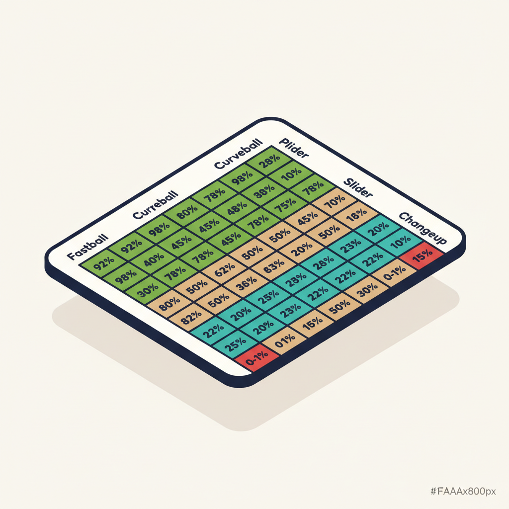 Grid matrix showing pitch-to-pitch transition accuracy percentages with color coding