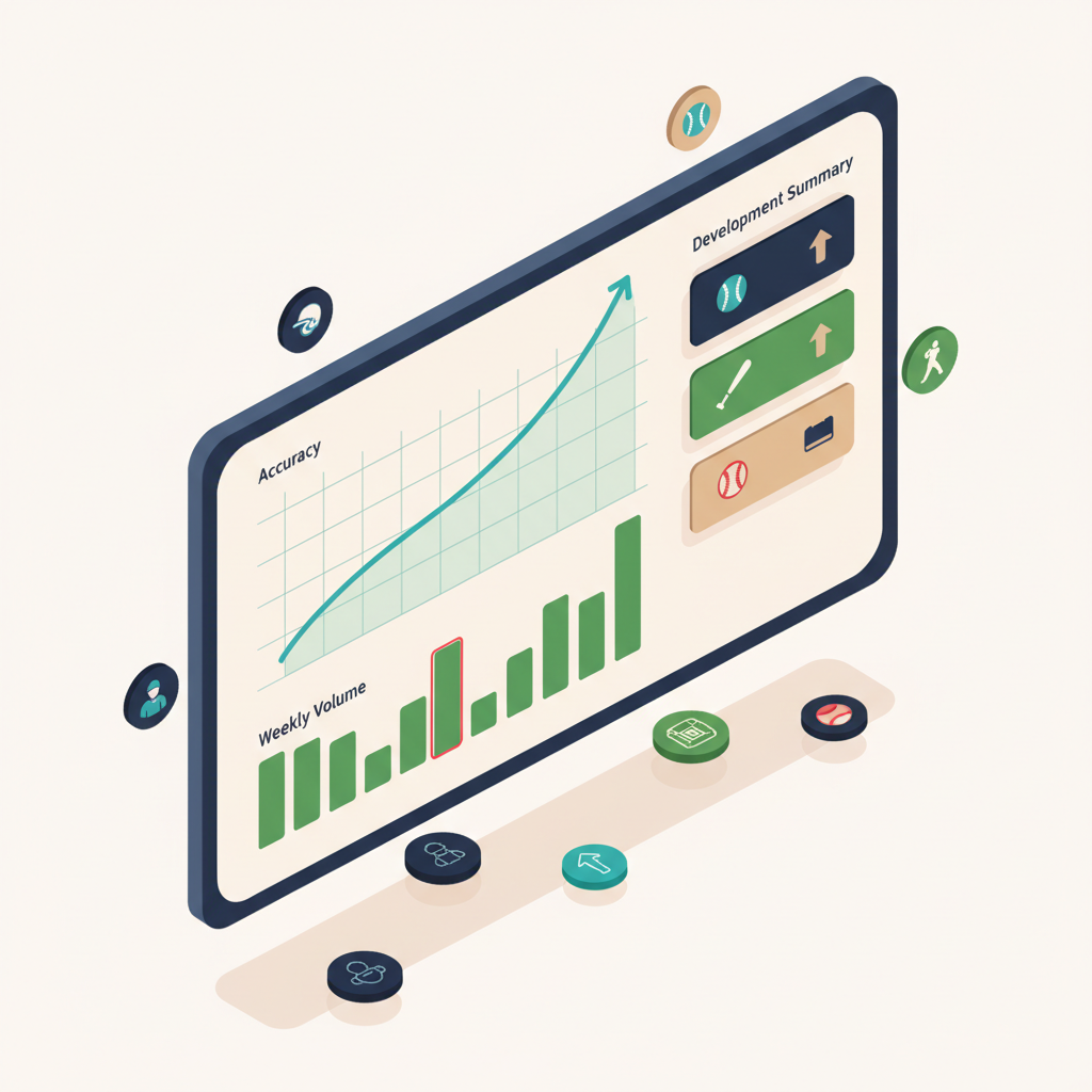 Over-time trends dashboard showing accuracy line chart, weekly volume bars, and development summary