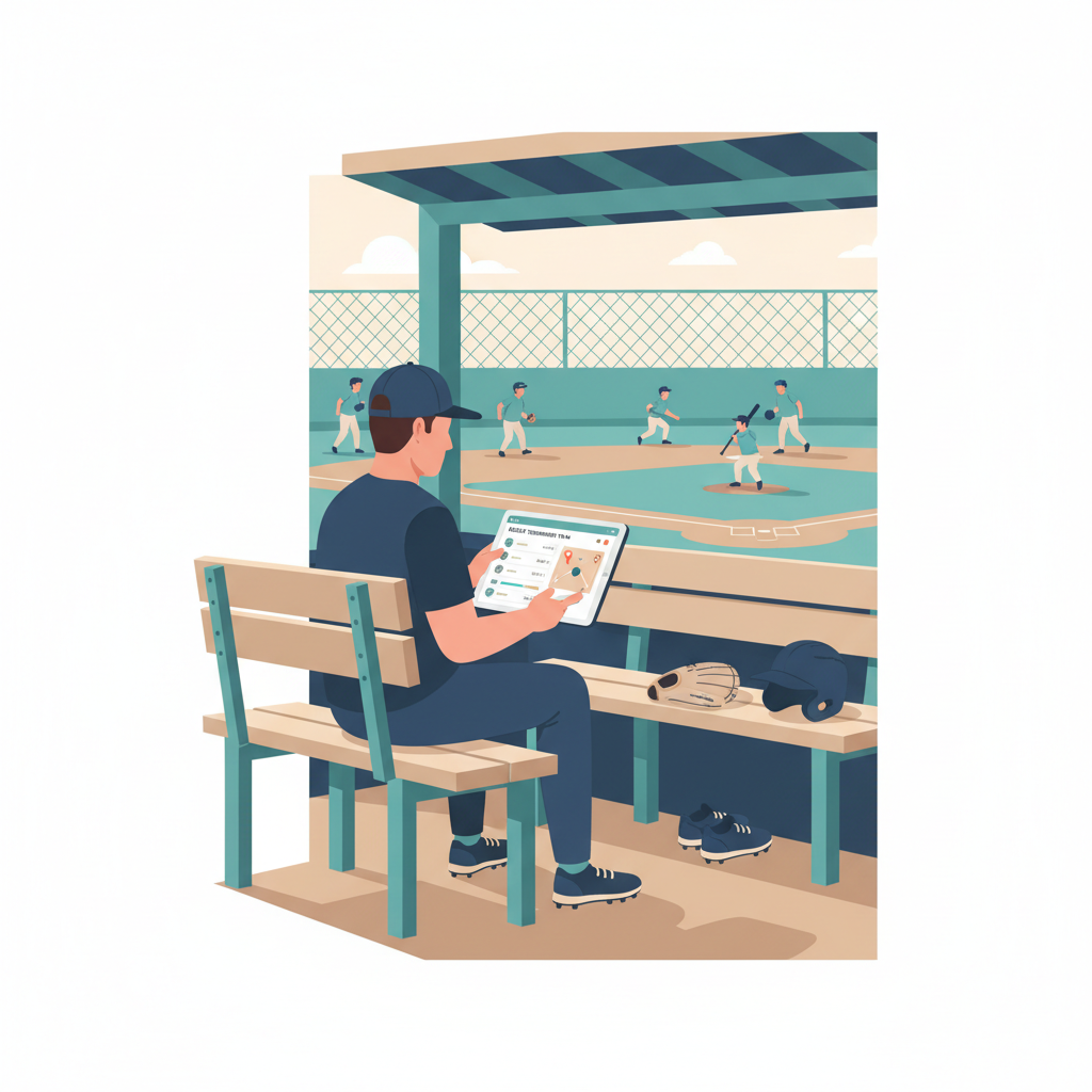 Travel baseball coach reviewing Rizzler tournament plan on an iPad in the dugout between games