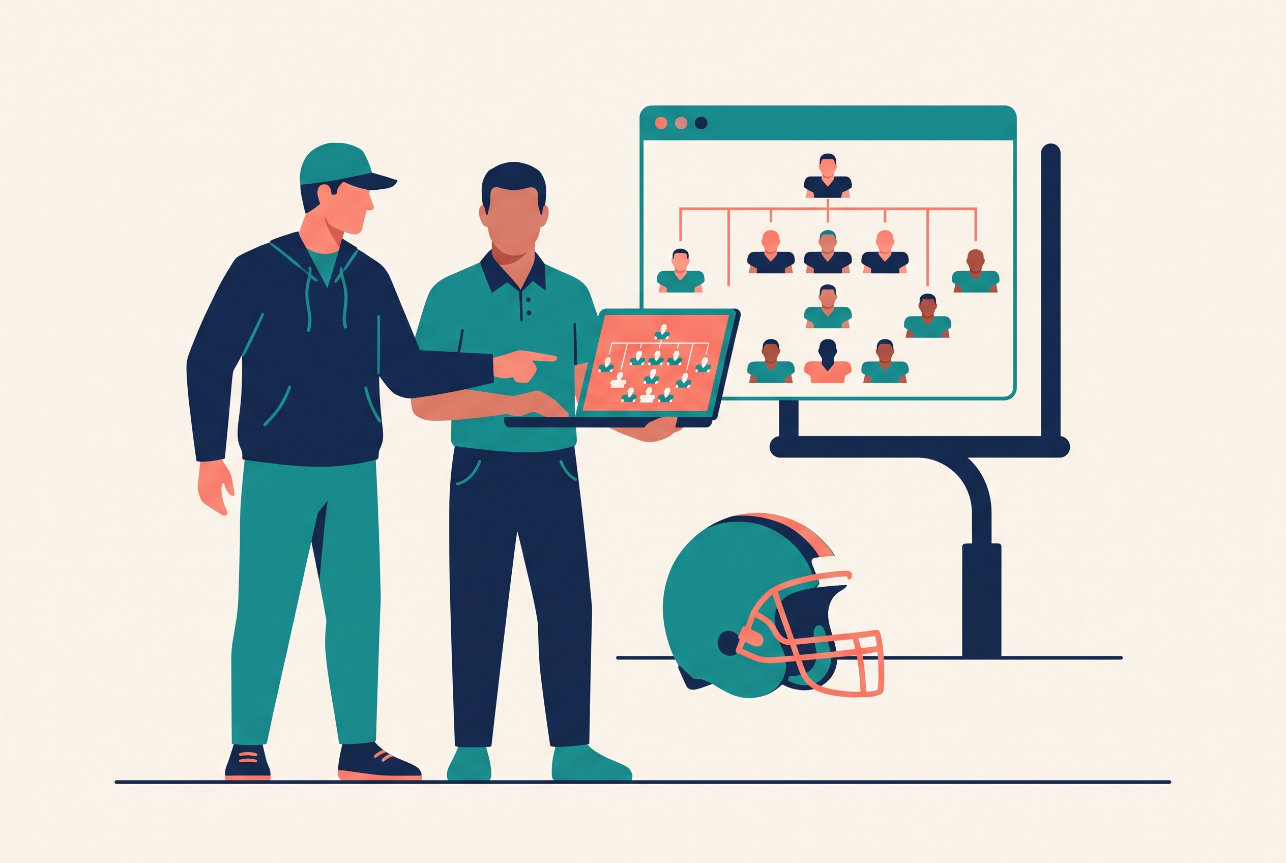 Football coaching staff reviewing a team roster with position groups on a laptop at a practice field