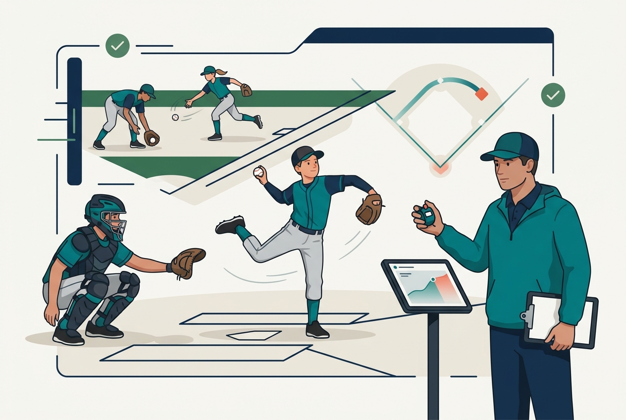 Ten year old pitcher throwing a bullpen to a catcher in full gear while a coach counts strikes on a clicker and teammates field ground balls behind them
