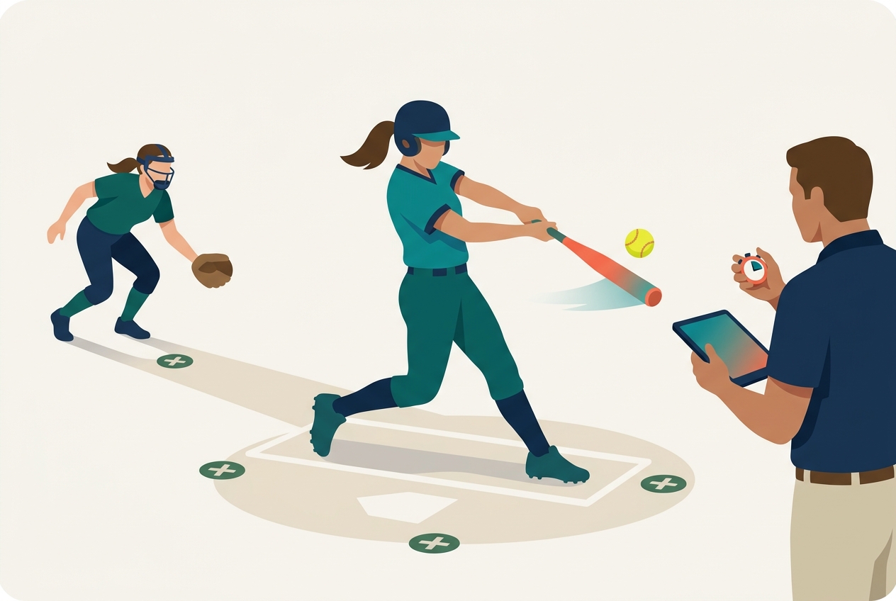 High school softball hitter making contact while an infielder charges and a coach times the play on a tablet