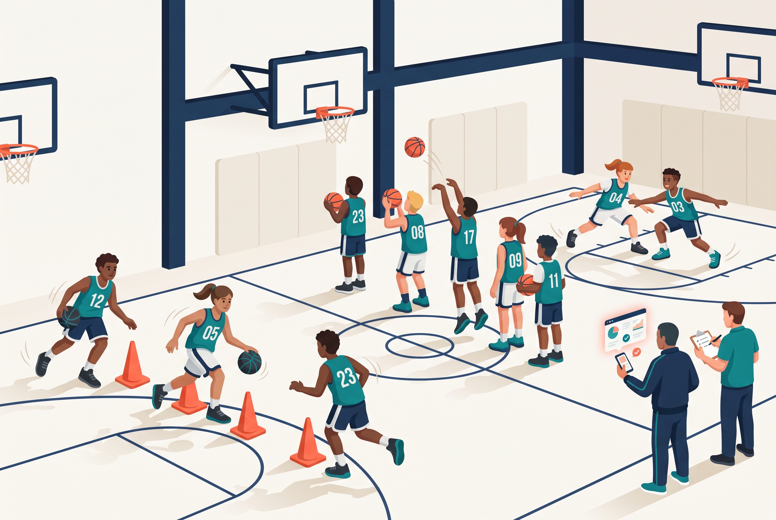 Youth basketball players rotating through tryout drill stations in a gym while coaches score from the baseline