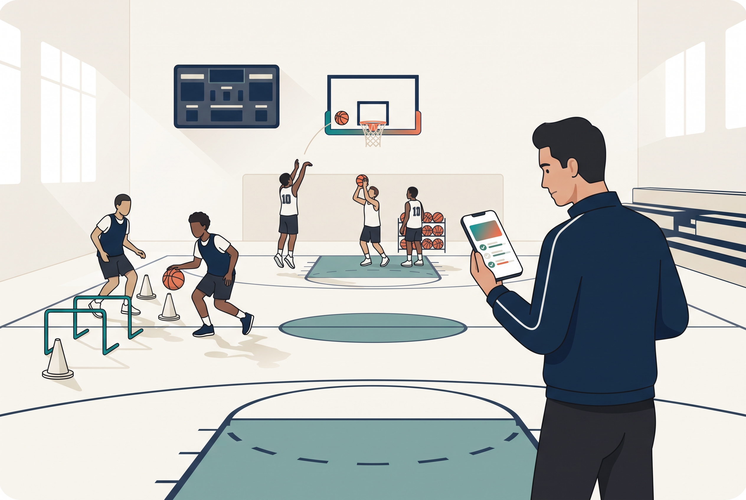 Basketball coach scoring a player evaluation form on a phone at the baseline during a gym tryout