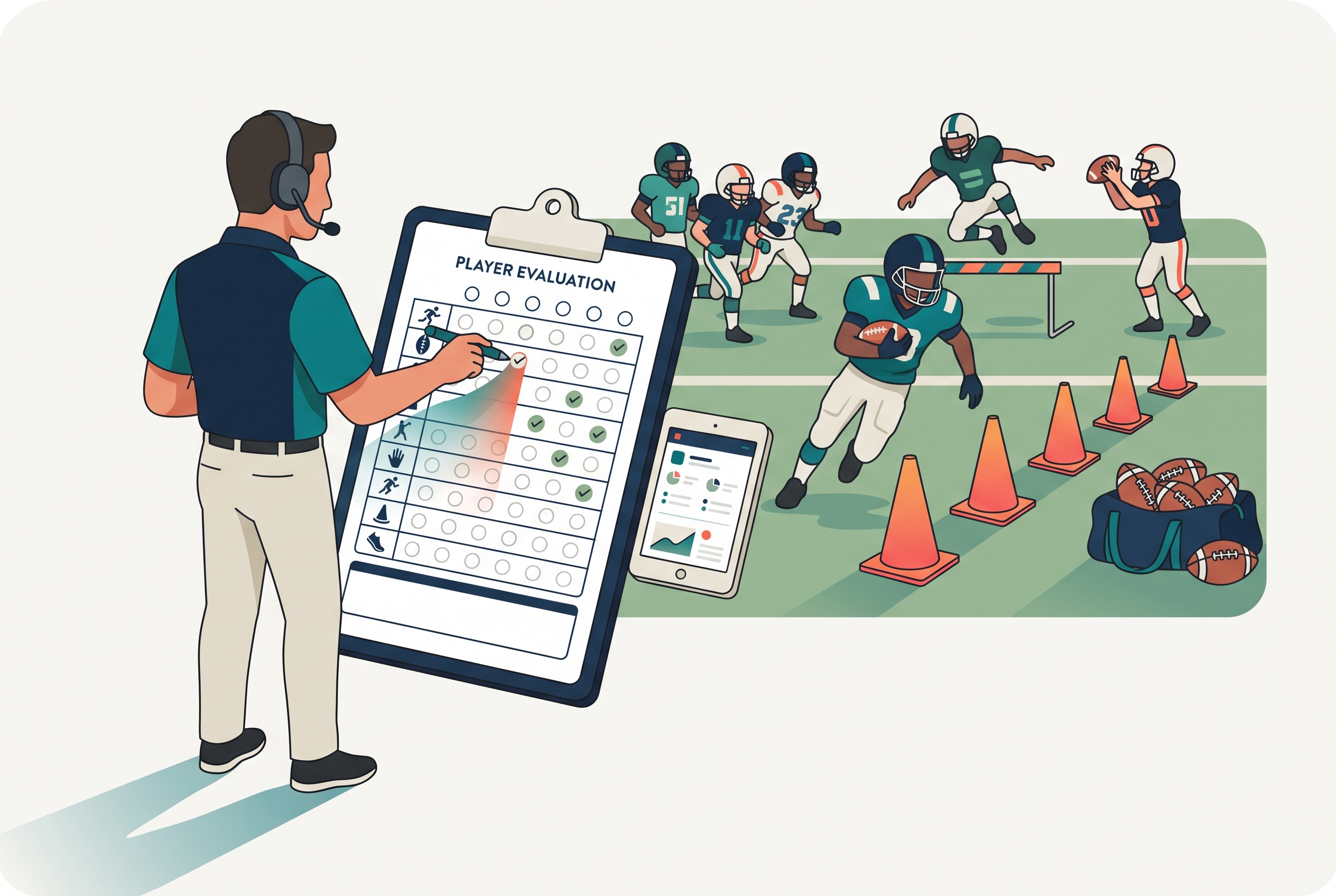 Football coach marking a tryout evaluation form on a clipboard while players run a cone drill behind him