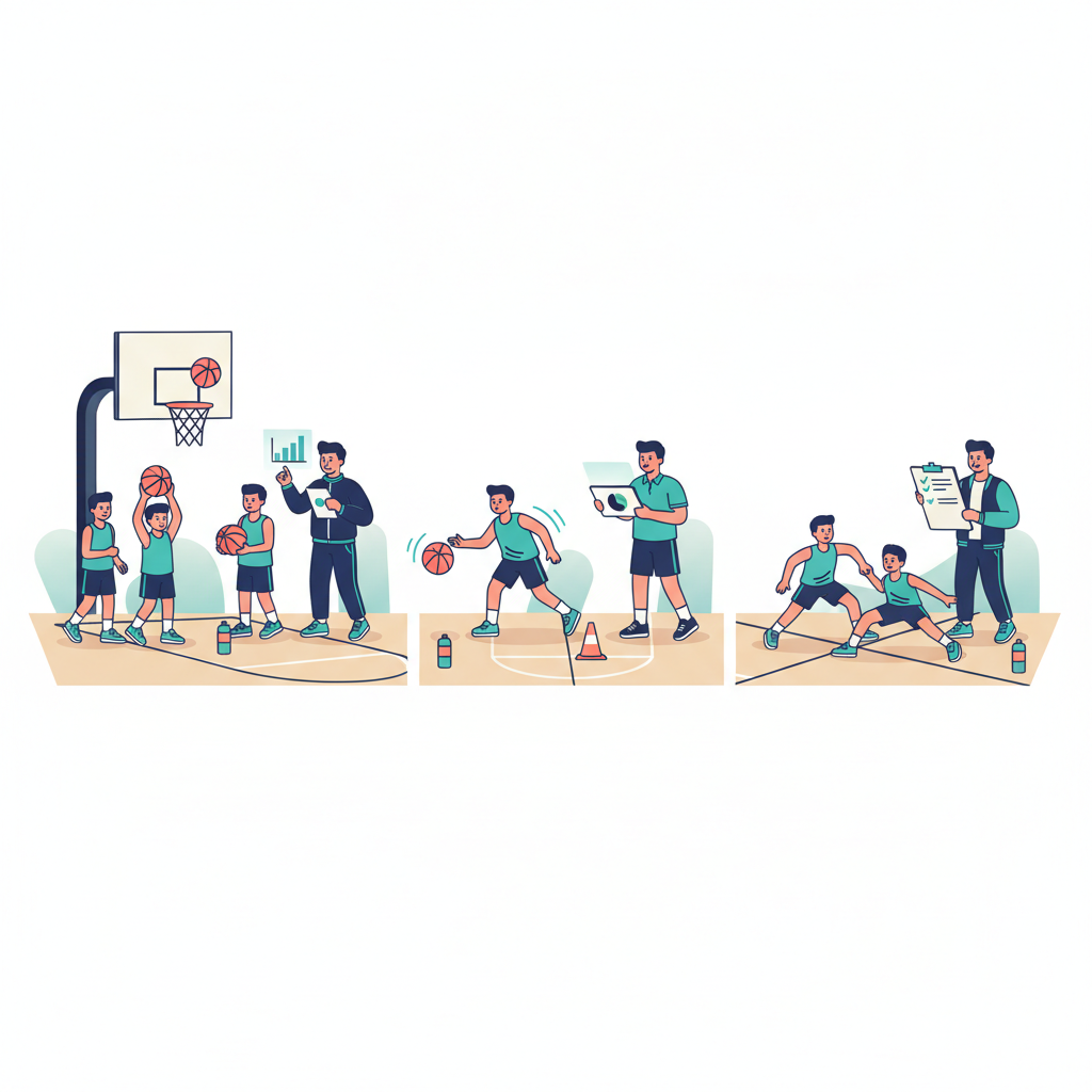 Coaches running a youth basketball tryout with players rotating through shooting, ball-handling, and defensive drill stations in a gym