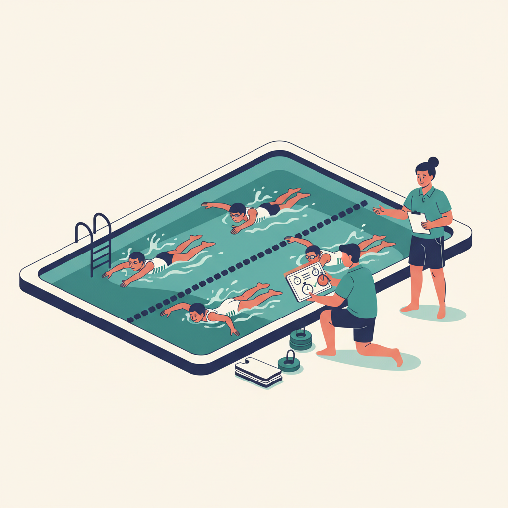 Coaches running a youth swim team tryout with swimmers being timed across strokes while evaluators watch technique from the pool deck