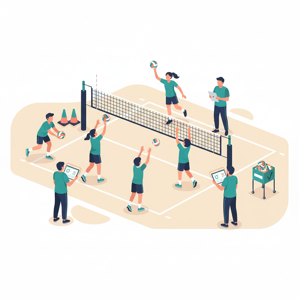 Coaches running a youth volleyball tryout with players rotating through serving, passing, and hitting stations in a gym