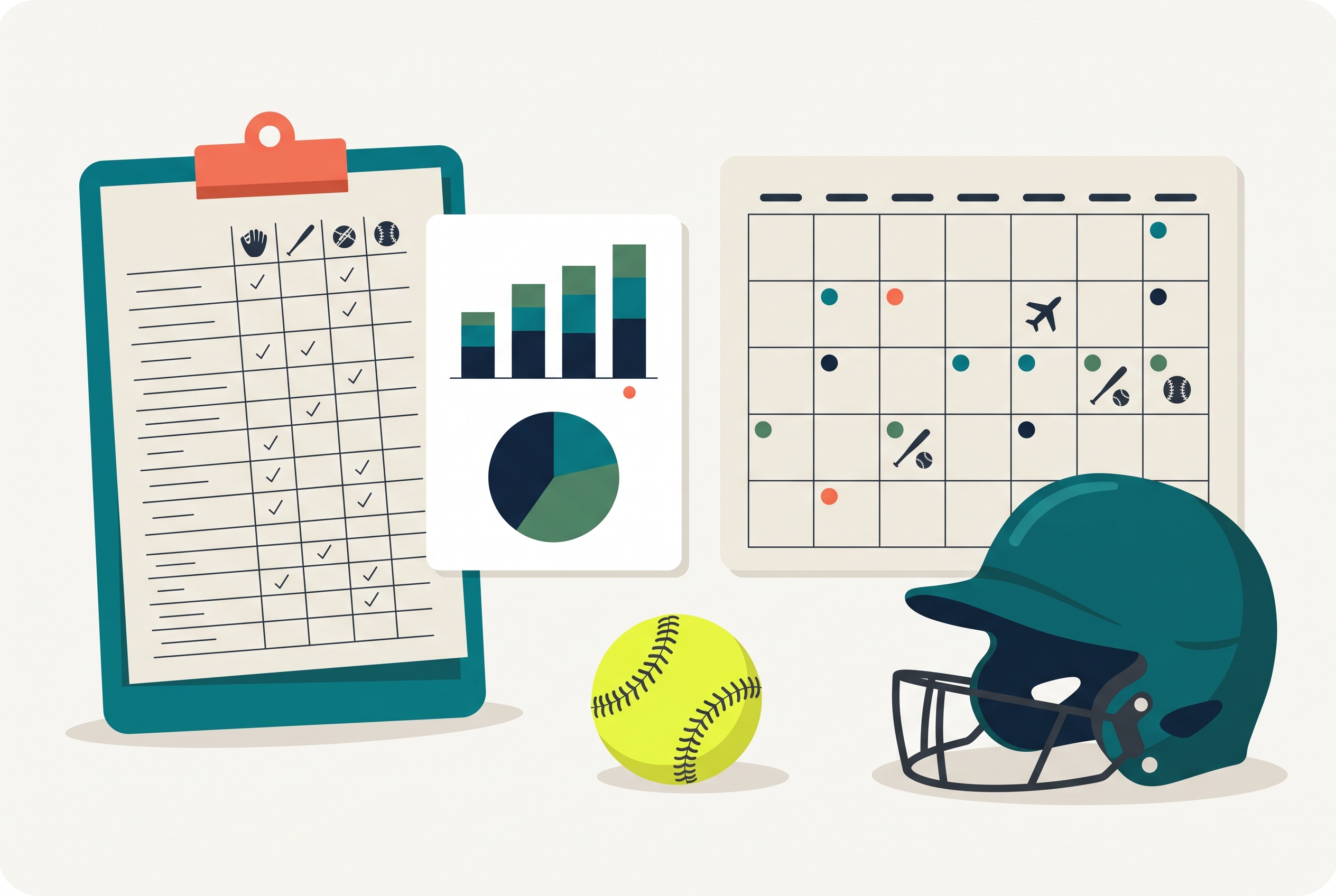 A softball coach planning a new travel team with roster, budget, and schedule laid out
