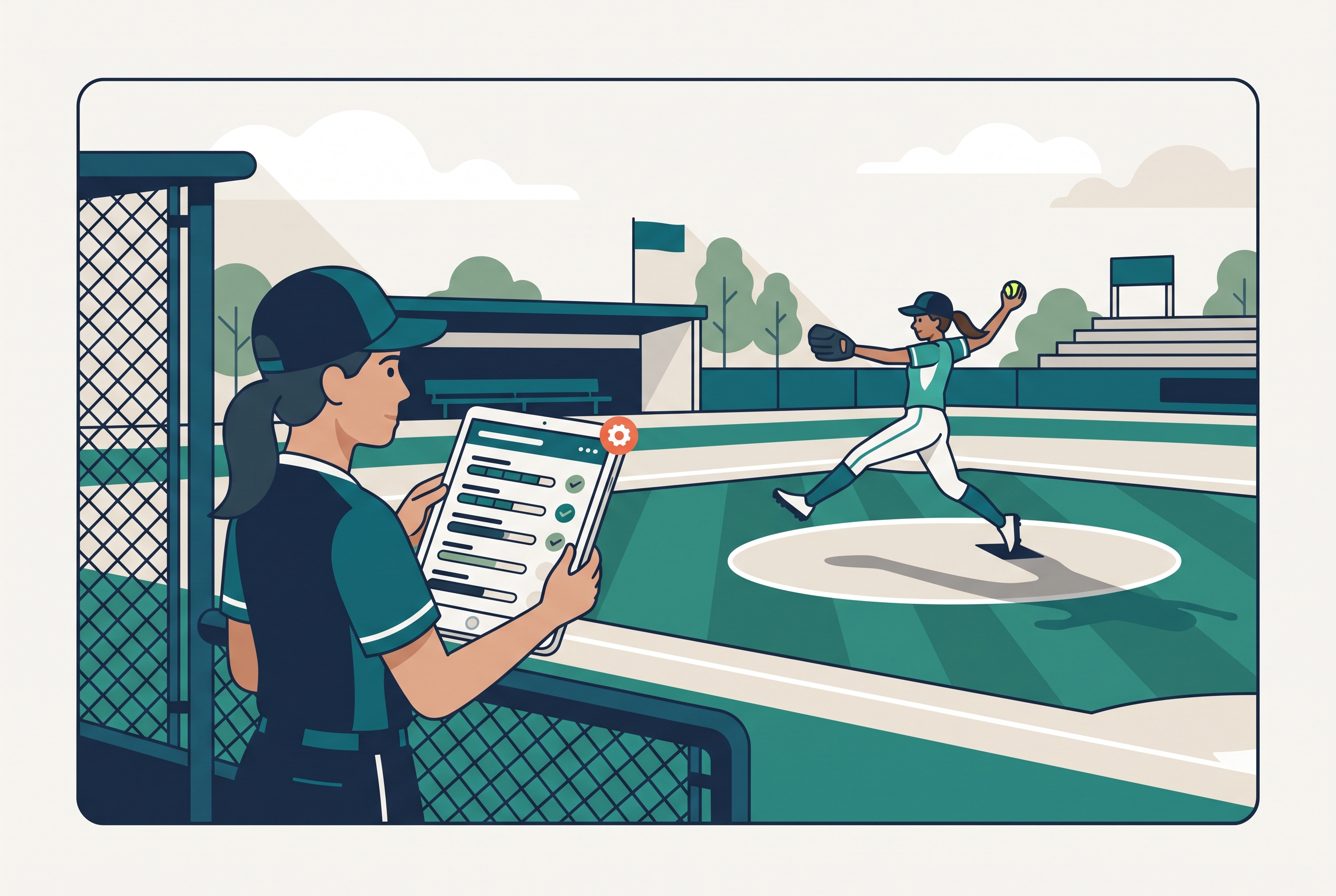 Softball coach recording tryout evaluation scores on a tablet near the dugout fence