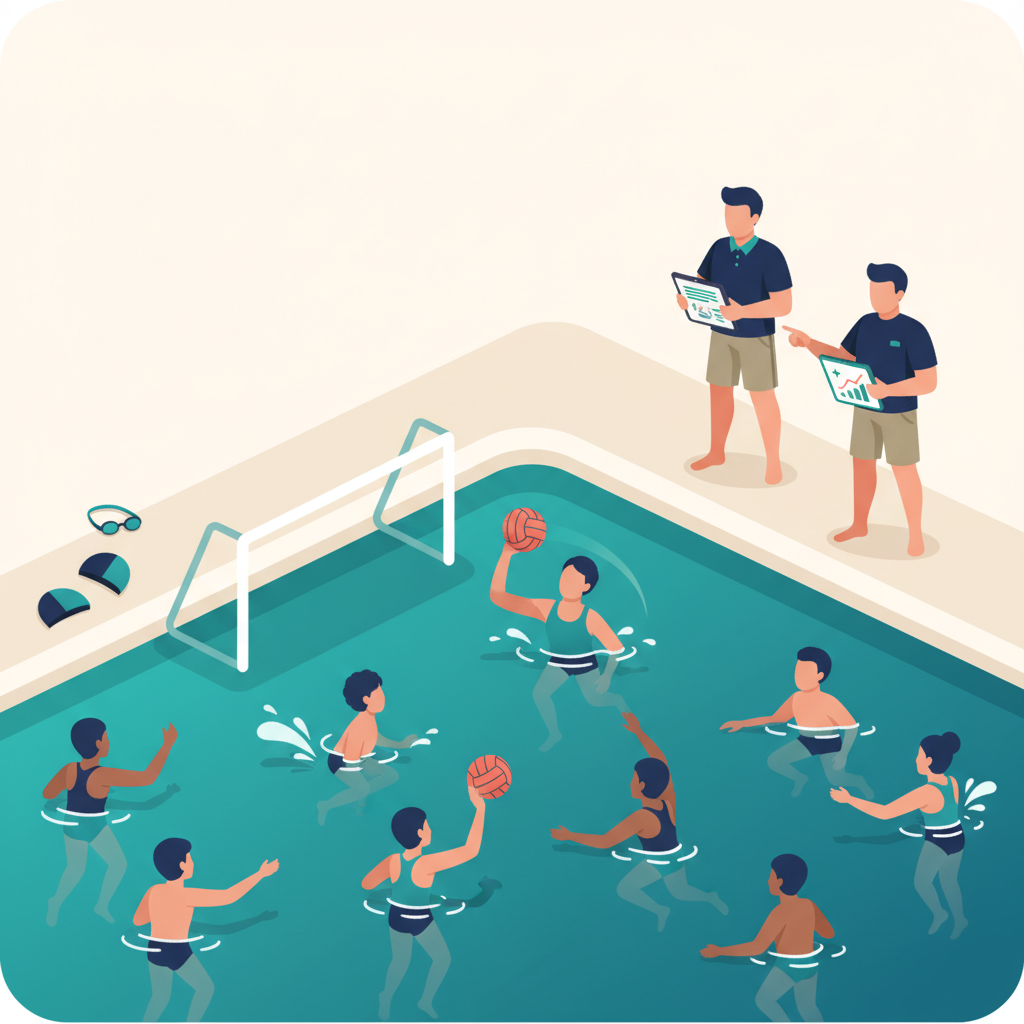 Coaches running a youth water polo tryout with players rotating through eggbeater, swimming, and shooting stations in a pool