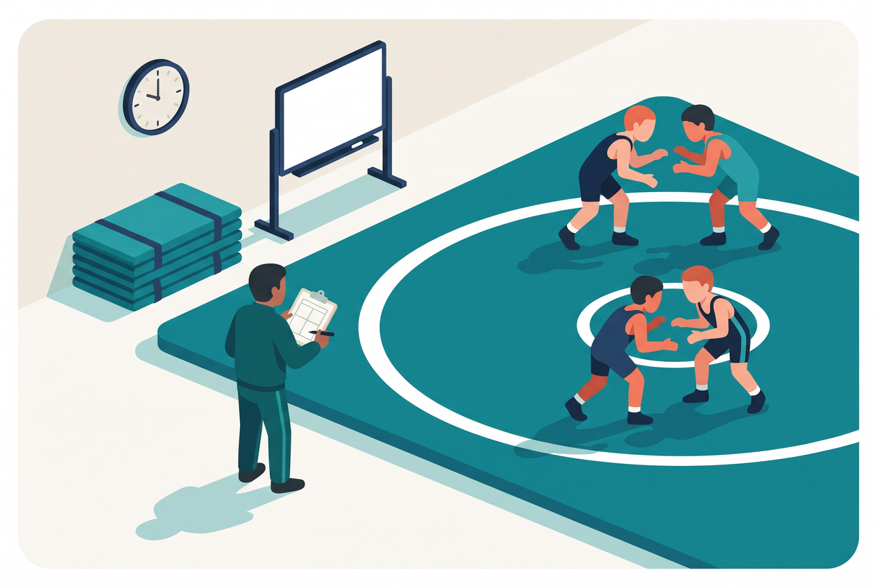 Youth wrestling room with wrestlers paired on mats and a coach at a whiteboard holding a practice plan