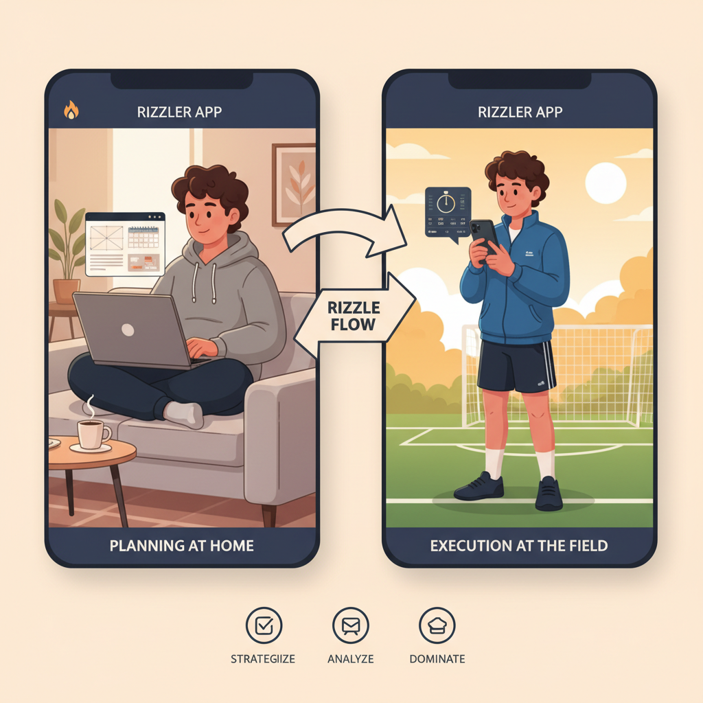 Rizzler workflow illustration showing laptop planning at home flowing to iPhone execution at the field