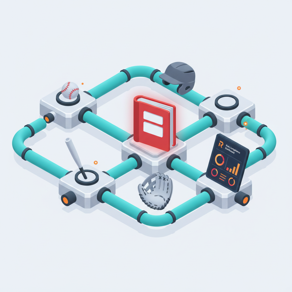 Flat isometric illustration of a rulebook surrounded by baseball equipment and a tablet showing Rizzler's rule compliance dashboard