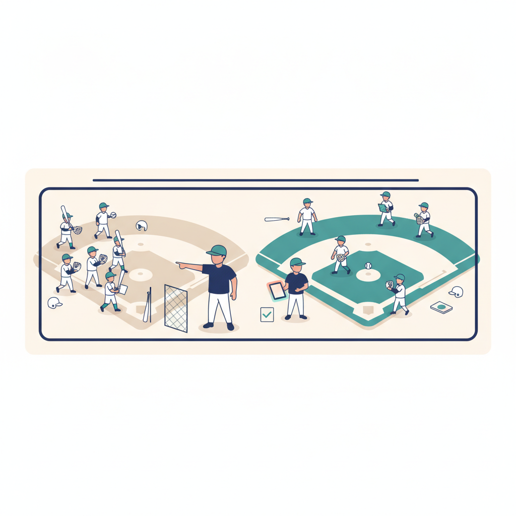 Two youth baseball diamonds of different sizes with players transitioning between them