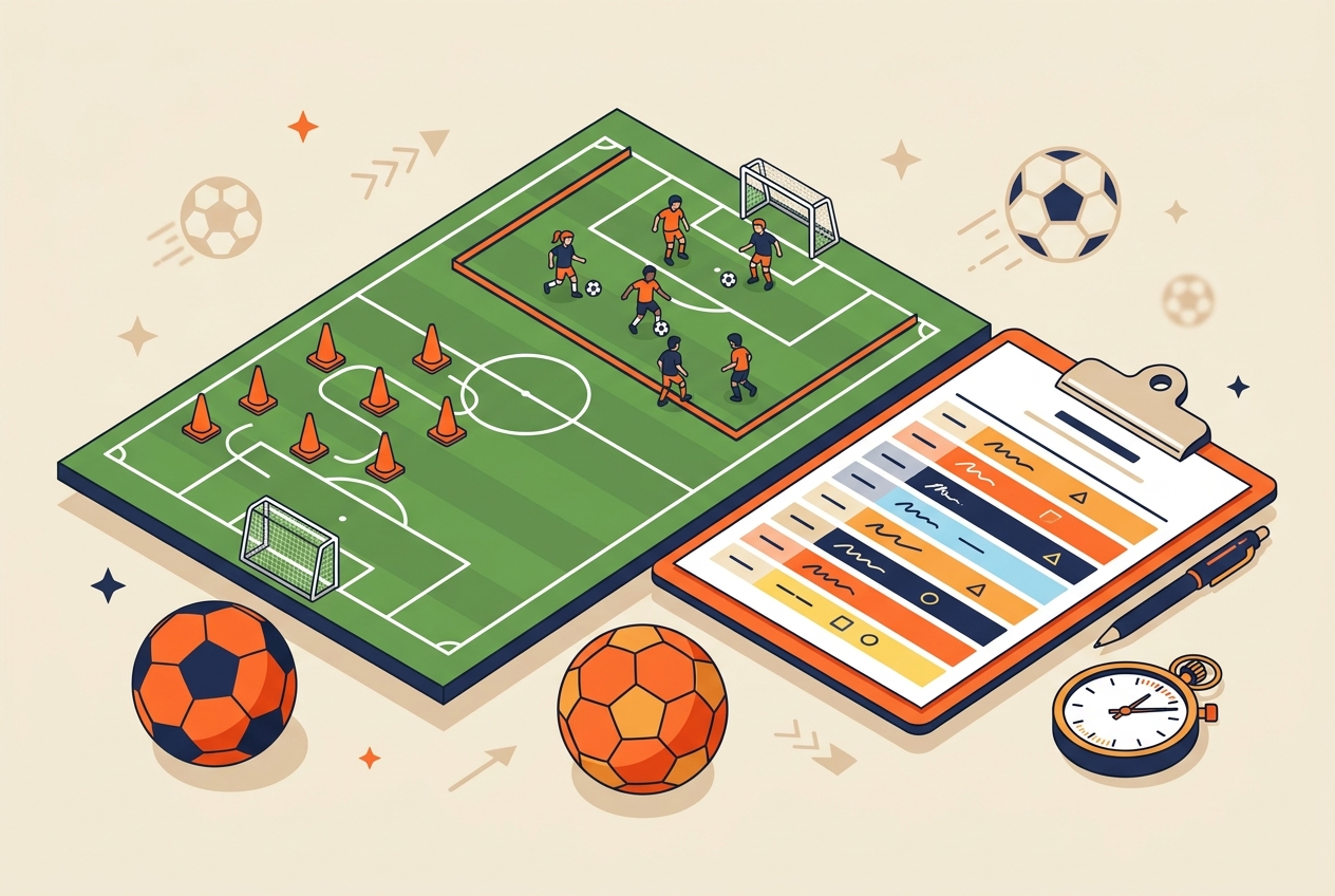 Youth soccer practice session plan on a clipboard beside cones and a ball bag at the edge of a training pitch