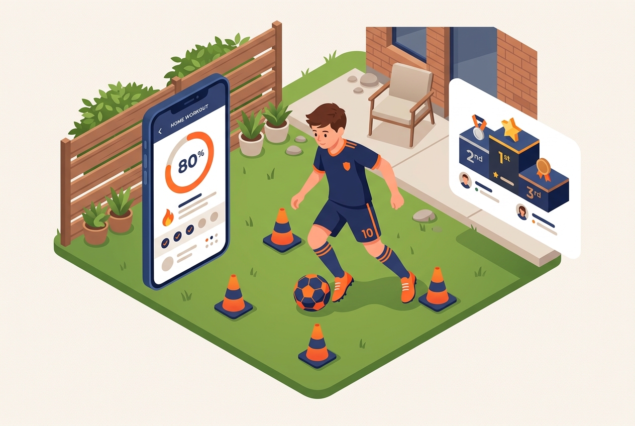 Young soccer player dribbling through cones in a backyard with the Rizzler Reps drill app propped on the grass