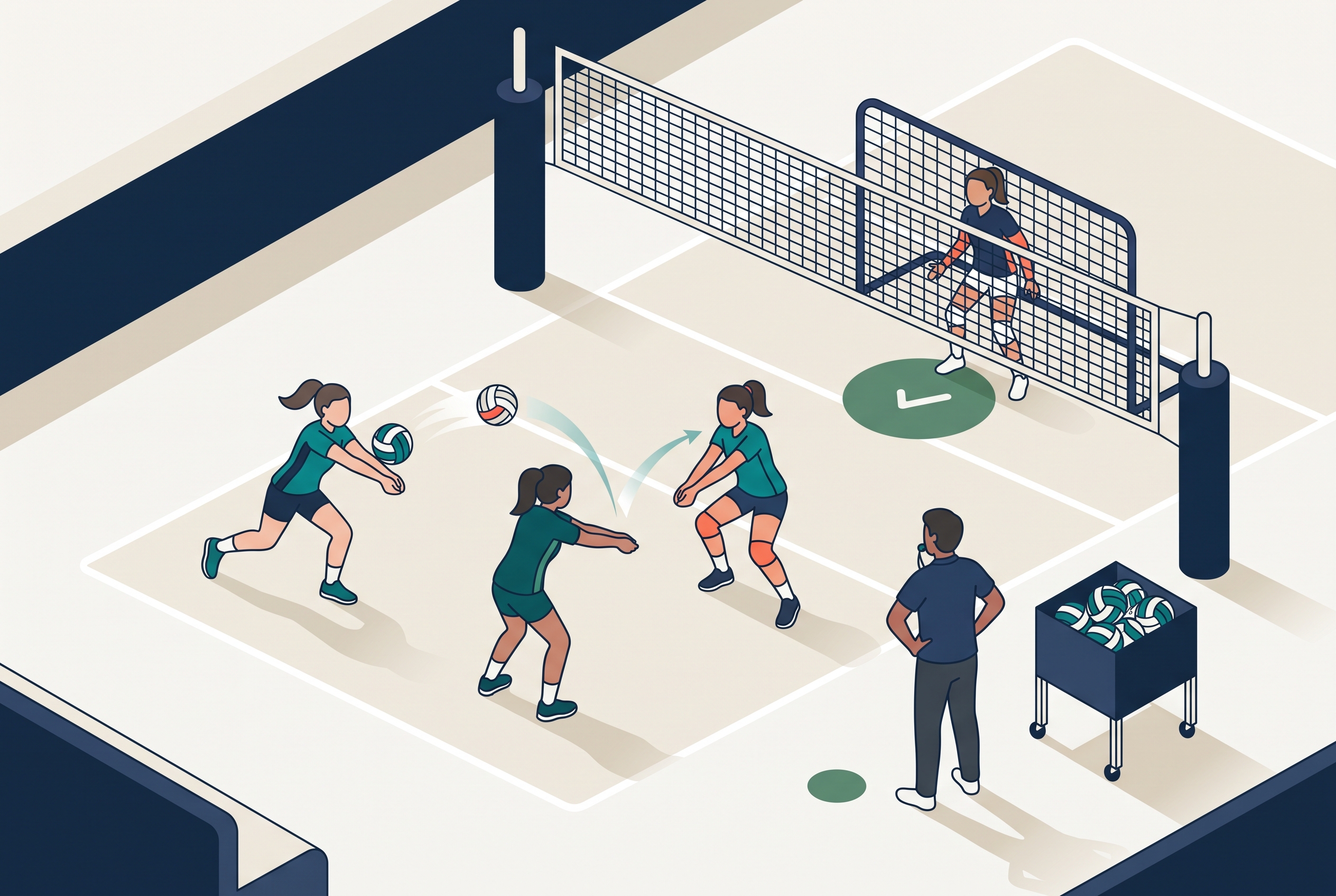 Volleyball players passing to a target during a team passing drill with a coach observing