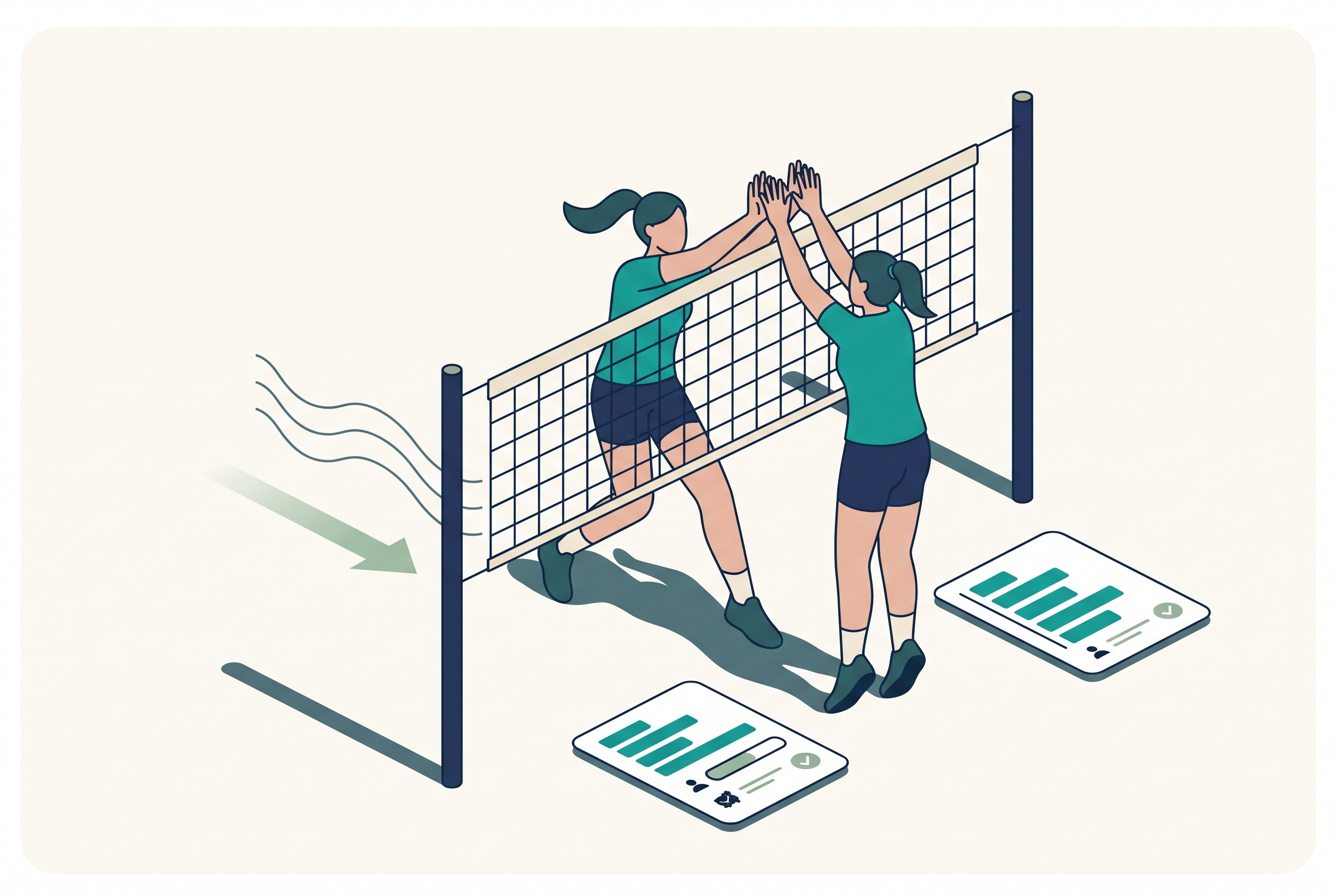 Volleyball middle blocker closing to the antenna to build a two-person block