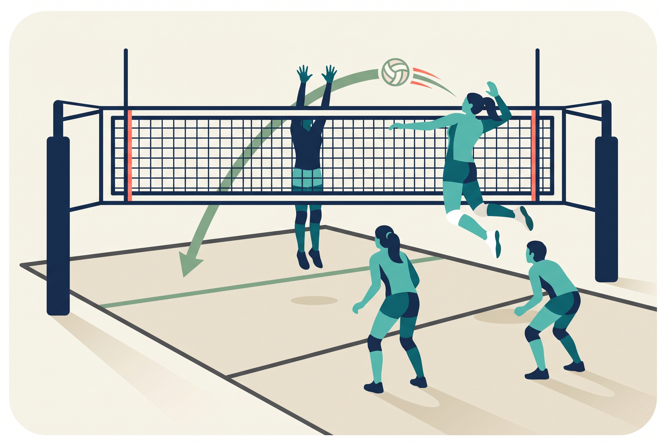 Volleyball opposite hitter attacking from the right antenna against a single blocker