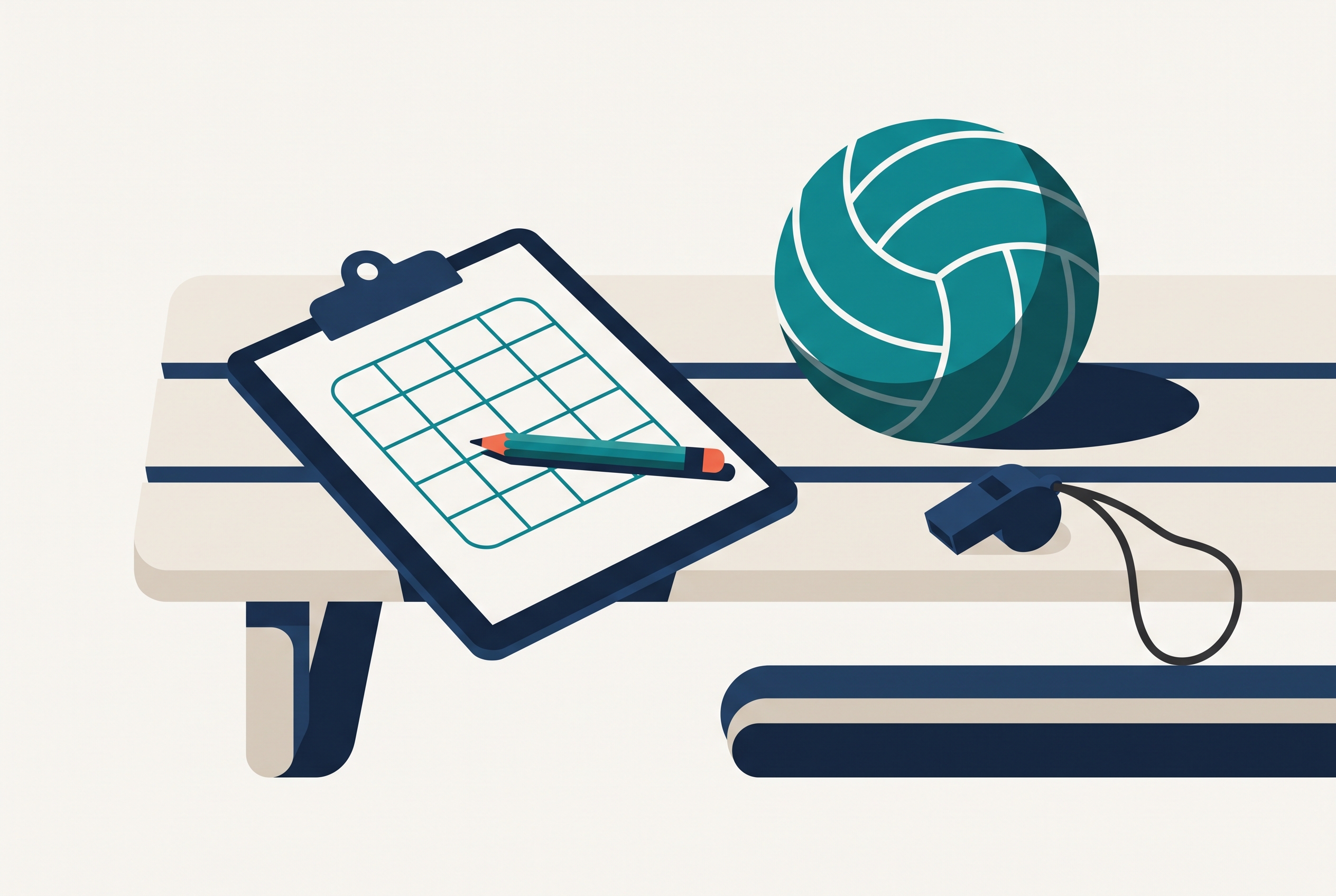 Printable volleyball stat sheet on a clipboard with tally marks beside a match court